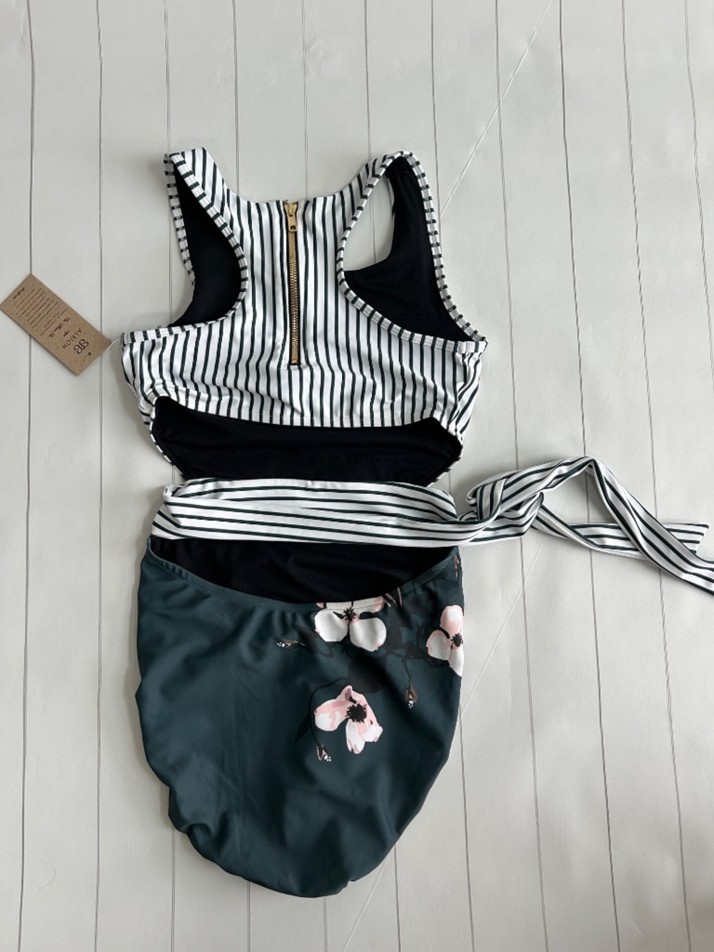 Albion size S Bon Voyage one piece swimsuit green stripe modest open back NEW - Picture 5 of 10